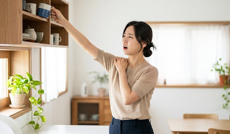 물건을 잡기 위해 팔을 들어 올리고 아파하는 30대 여성