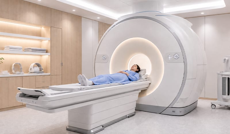 MRI 검사를 받고 있는 사람