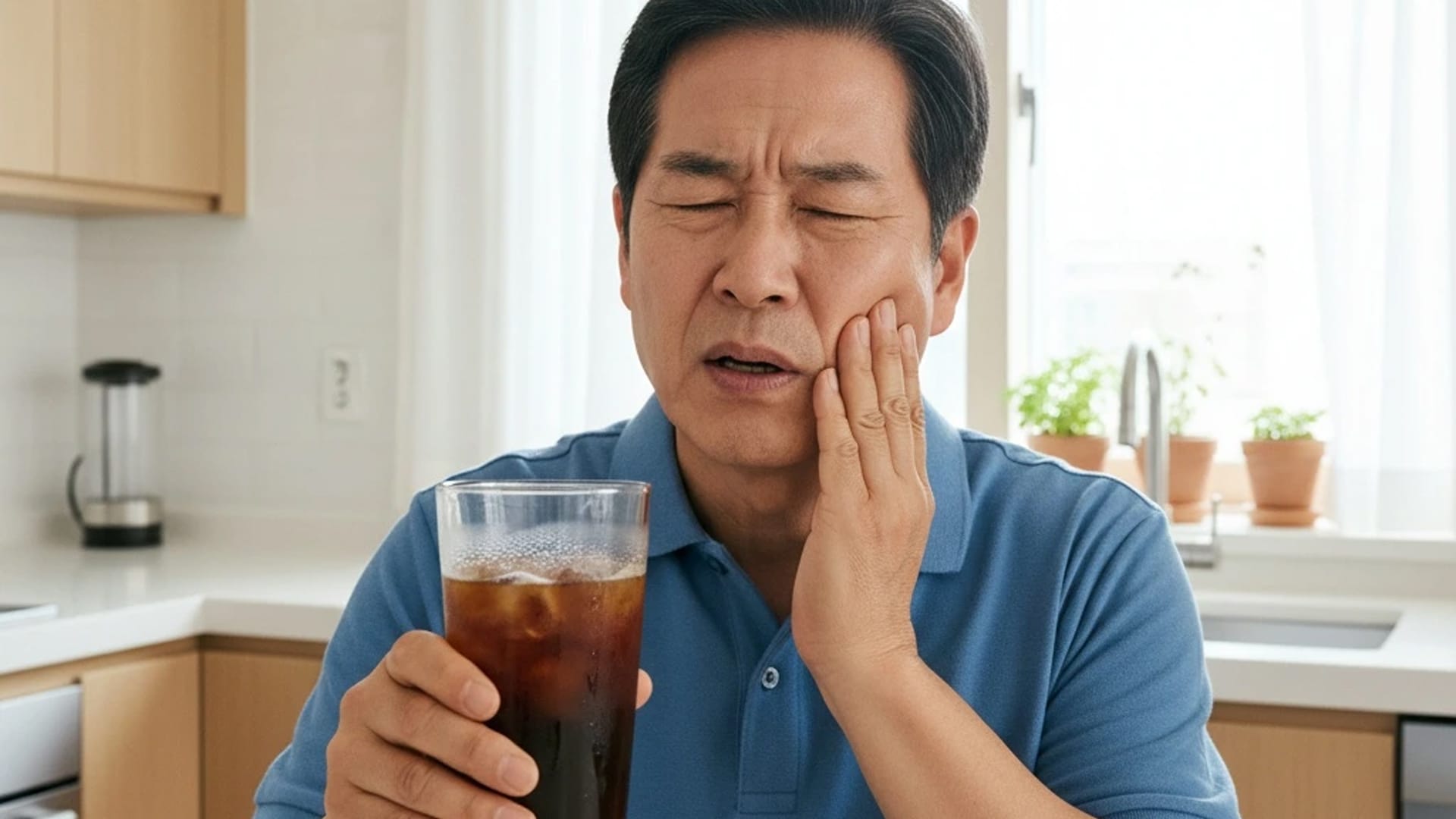 시린 치아 통증으로 인해 얼굴을 찌푸리고 불편함을 느끼는 환자의 일상적인 모습