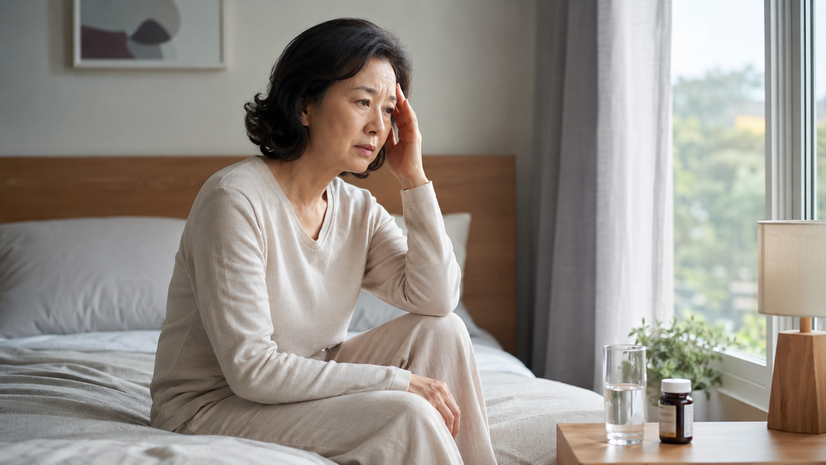 A middle-aged woman looking distressed while experiencing menopausal symptoms.