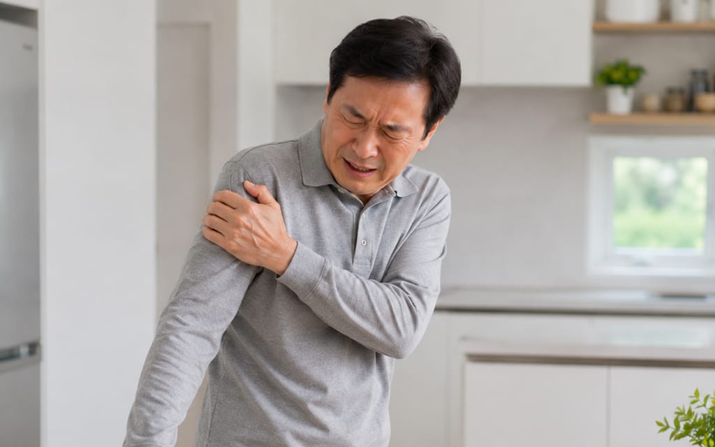 A patient holding their shoulder in pain