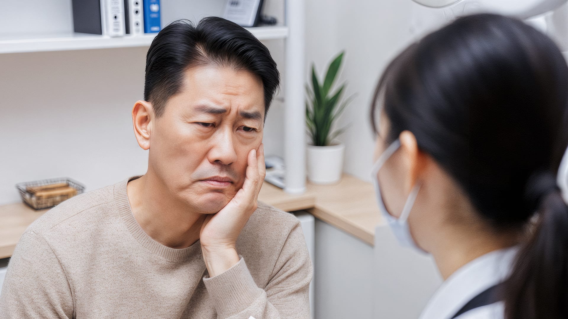 A patient in their early 40s consulting a dental professional about jaw stiffness and tooth sensitivity