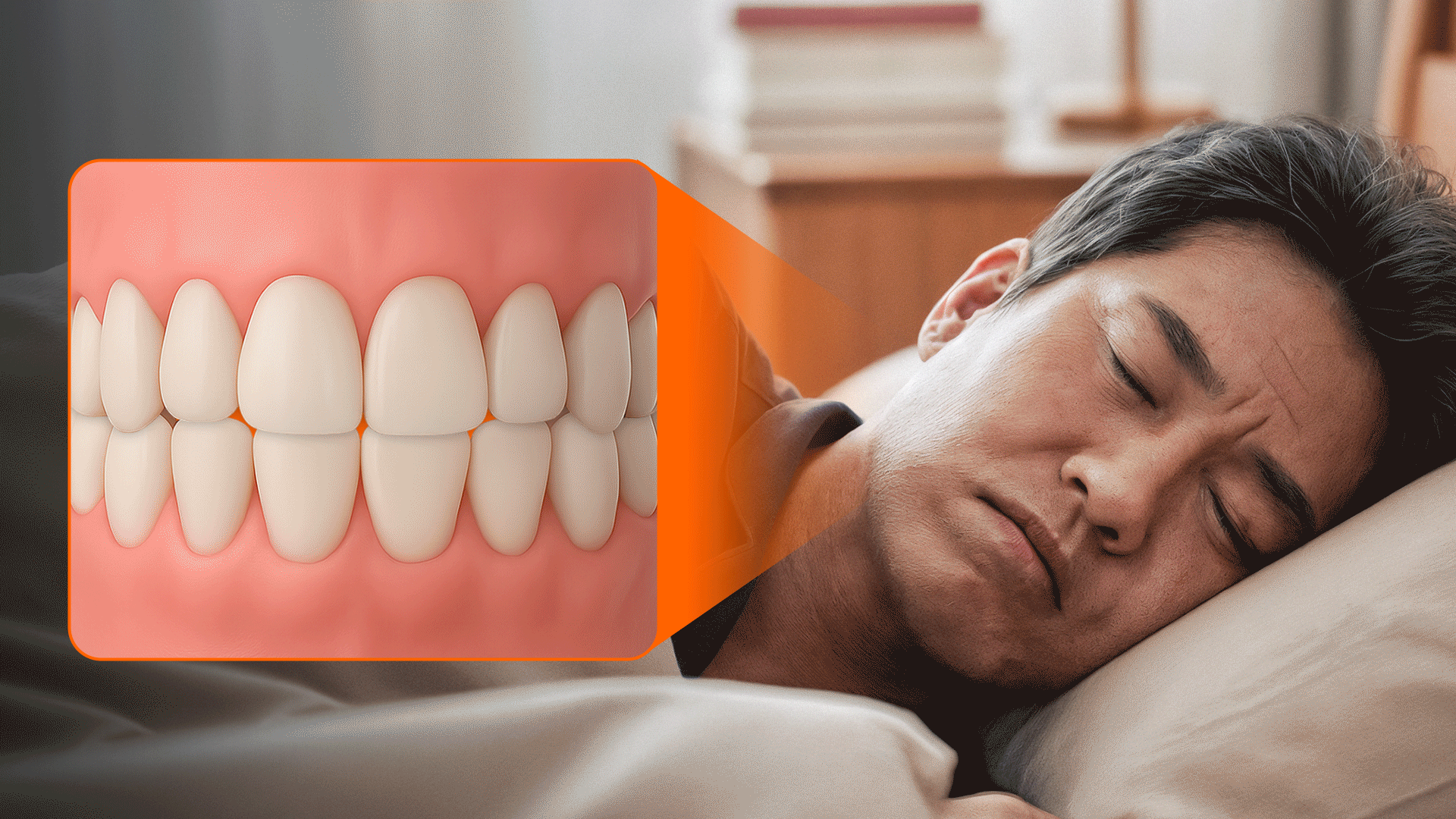 A close-up medical illustration of a sleeping person's jaw and teeth during nighttime bruxism