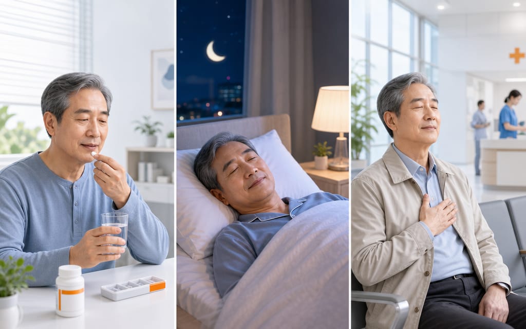 당일 혈압 상승을 예방하는 대책 3가지(약 복용, 숙면, 여유있게 병원 도착)를 표현하는 이미지