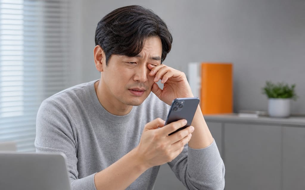 스마트폰을 보다가 눈이 침침한 듯 비비고 있는 40대