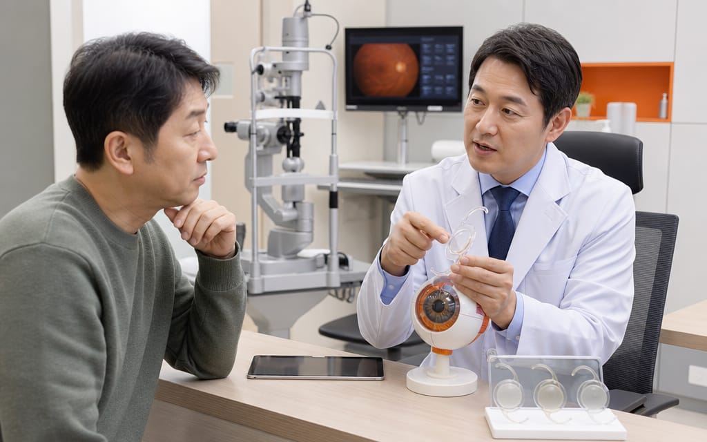 안과에서 백내장 수술, 인공수정체 상담을 받고 있는 40대