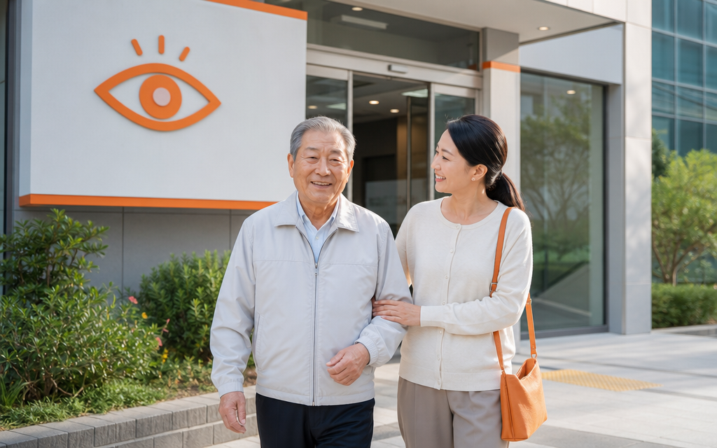 A cataract patient heading to an eye clinic accompanied by a caregiver