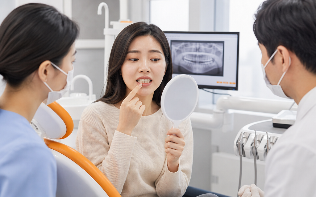 A young adult patient showing discolored, uneven teeth to a clinician in a dental consultation room