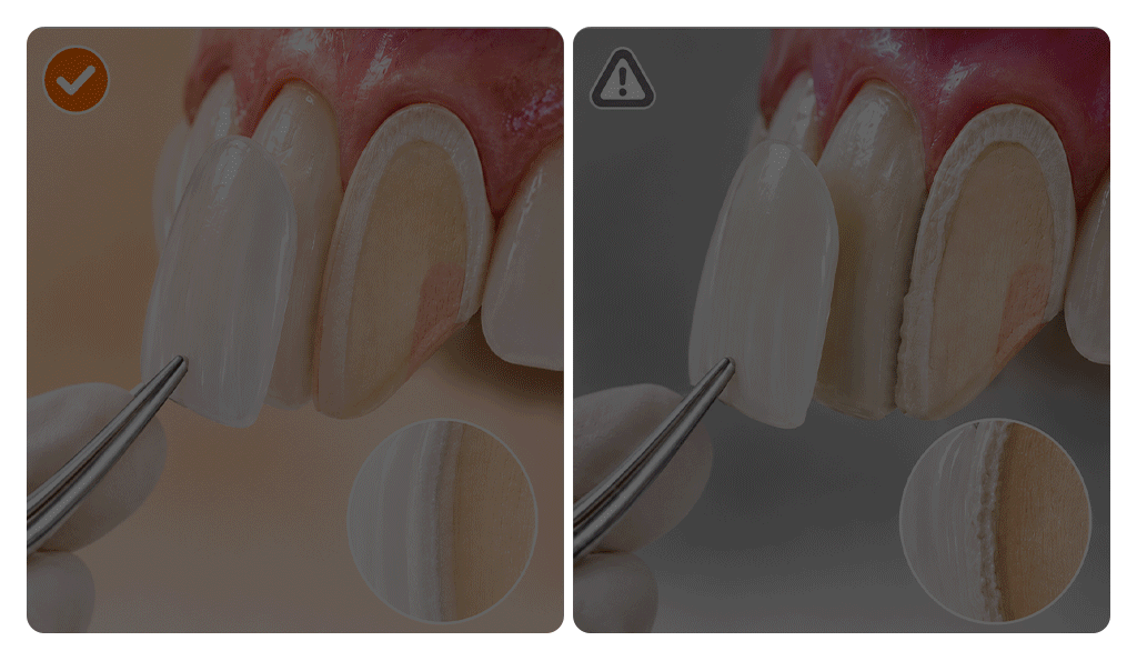 A 3D medical illustration comparing veneer bonding outcomes on healthy enamel versus compromised enamel