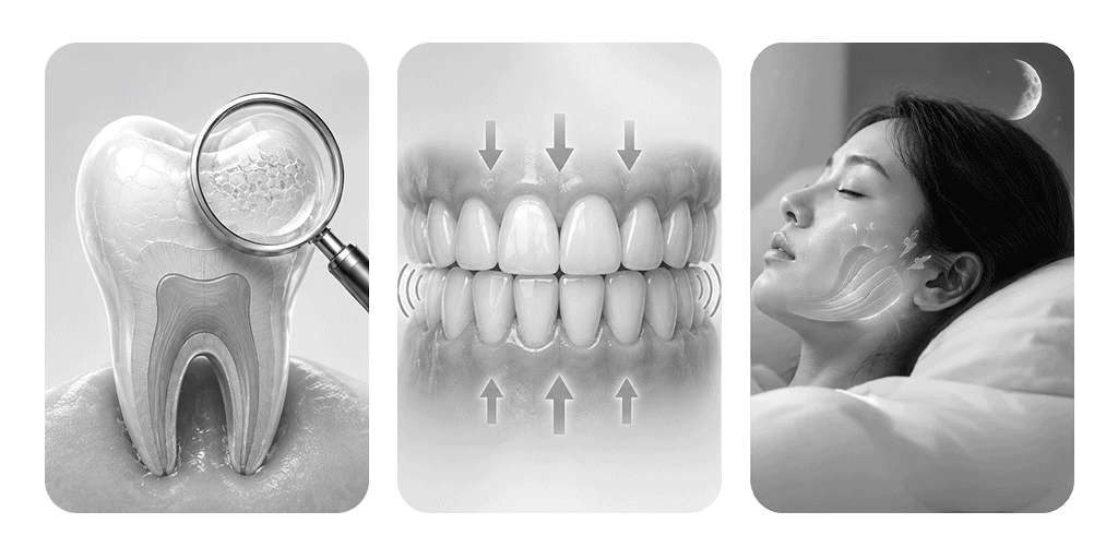 An infographic outlining 3 critical treatment criteria: remaining enamel quality, bite force, and habits like bruxism