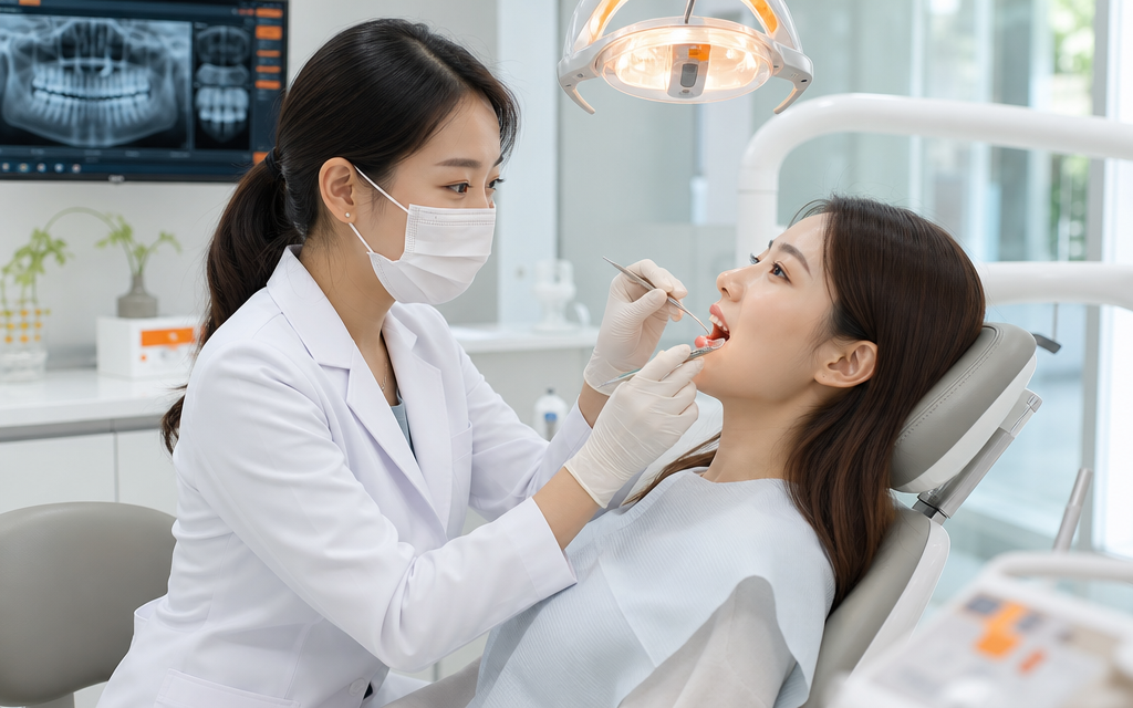 A young adult patient undergoing a routine dental checkup at a clinic