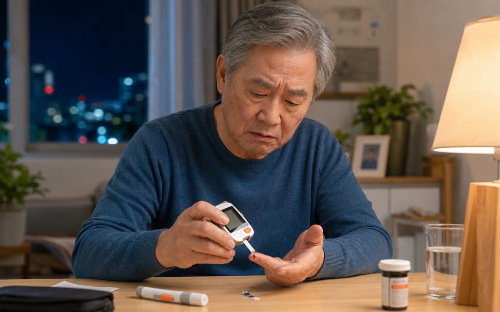 An elderly patient looking anxious while measuring their blood glucose level at home.