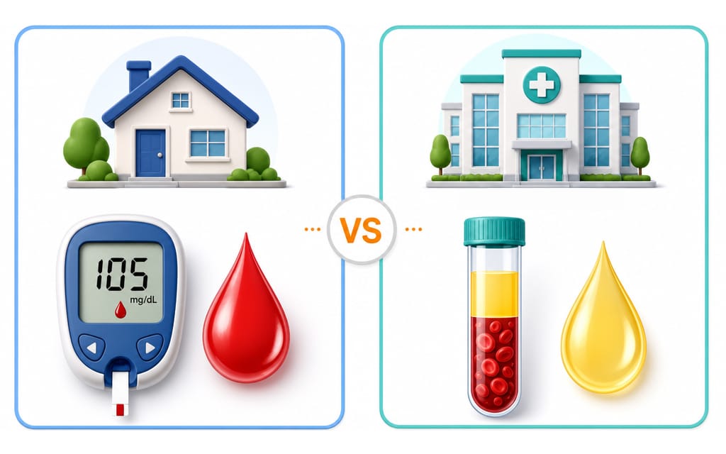 An infographic comparing the differences between self-monitoring home blood glucose meters and lab venous blood tests.