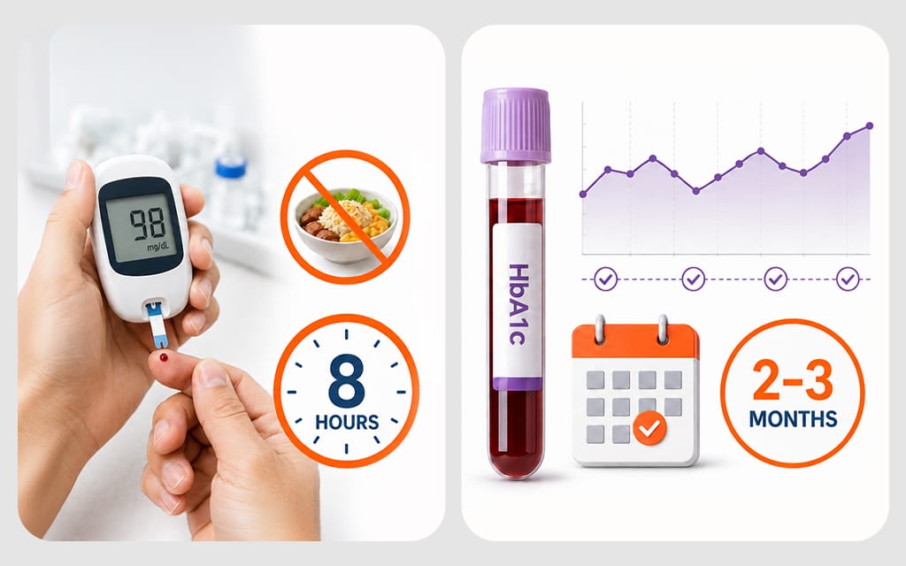 An infographic highlighting procedural and diagnostic differences between fasting plasma glucose (FPG) and HbA1c tests.