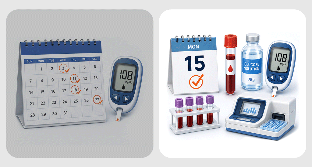 An infographic illustrating diabetes diagnostic confirmation rules: repeat testing on separate days vs. two different tests on the same day.