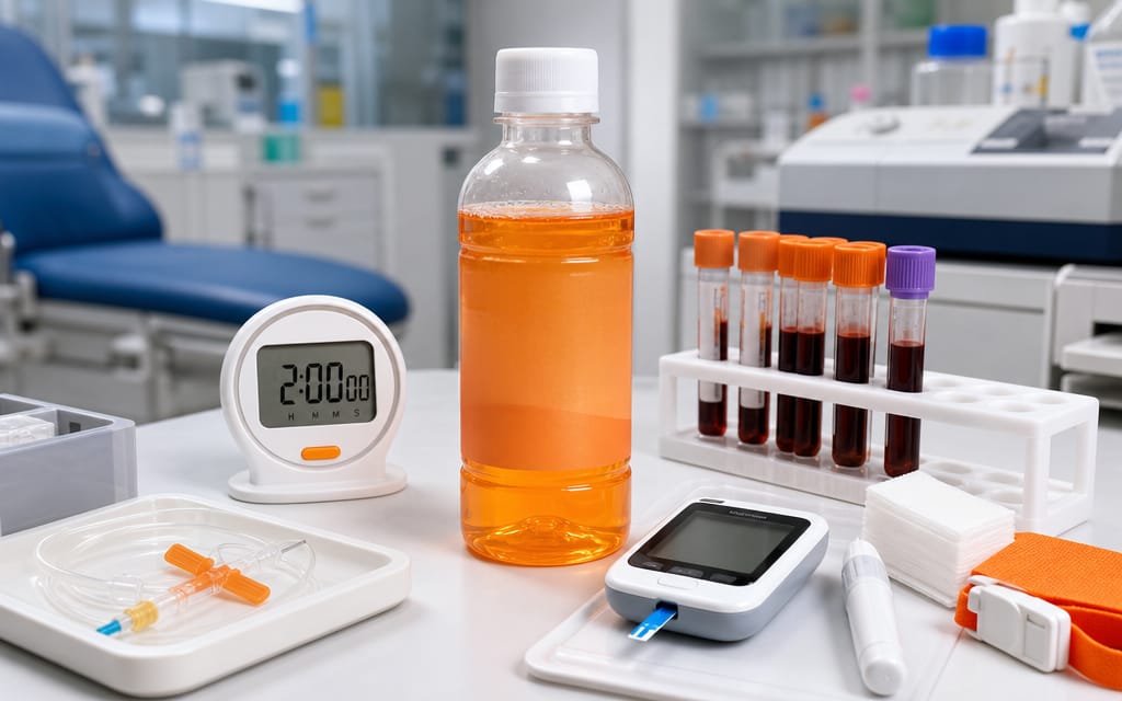 A lab desk arranged with oral glucose tolerance test (OGTT) supplies, including a 75g glucose solution, blood collection tubes, and a glucose meter.