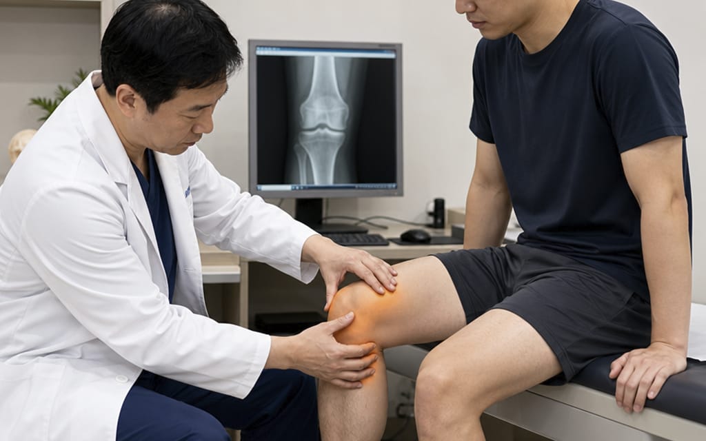 정형외과 진료실에서 환자의 무릎 주변을 눌러보며 압통을 체크하는 의사