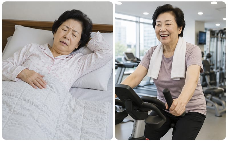누워서 불편한 표정으로 쉬고 있는 사람과 헬스장에서 운동을 하고 있는 사람의 모습이 비교되는 이미지