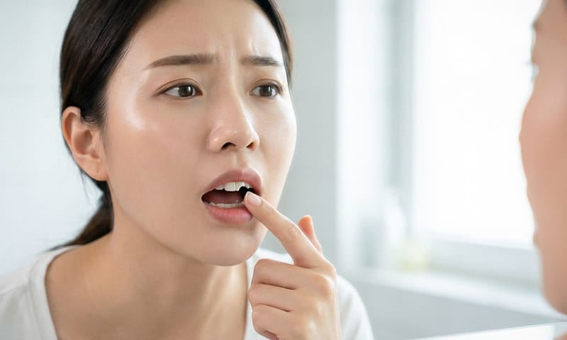 살짝 깨진 라미네이트한 치아를 거울로 보며 걱정하고 있는 2030 여성