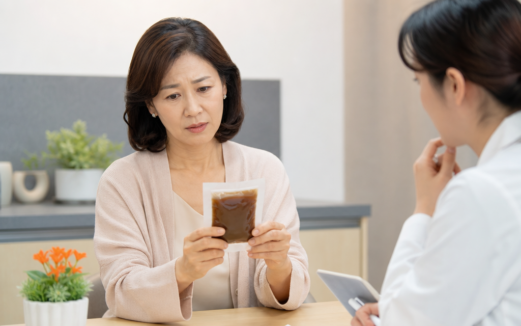 A menopausal woman in her 40s or 50s looking hesitant while holding a packet of Korean herbal medicine.