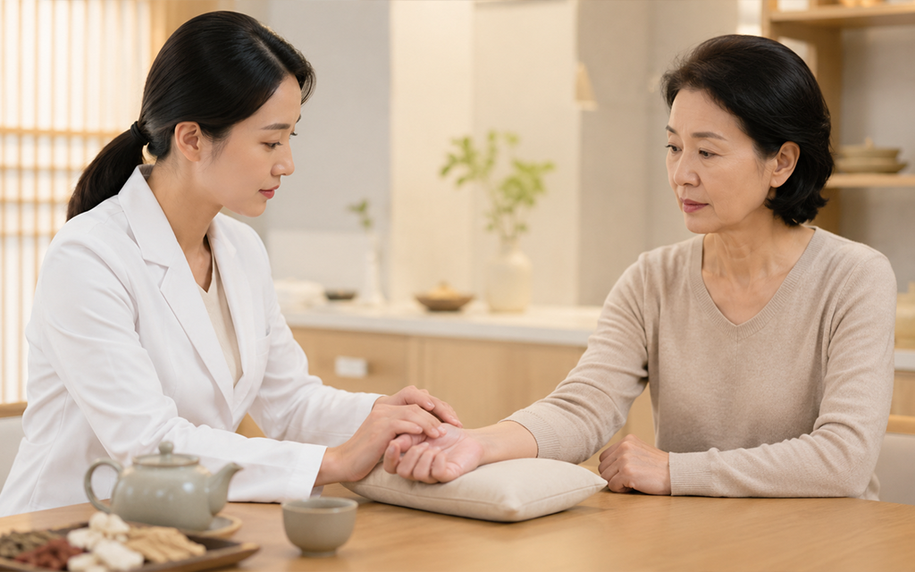 A Korean medicine doctor taking a menopausal patient's pulse for constitution diagnosis.