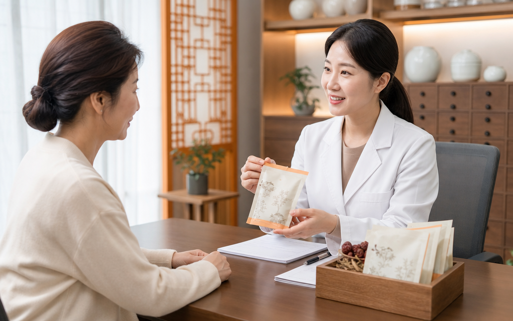 A menopausal woman receiving a prescription for customized herbal medicine from a specialist.