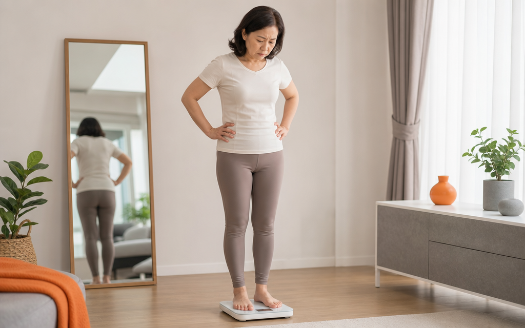 A menopausal woman standing on a bathroom scale checking her weight.