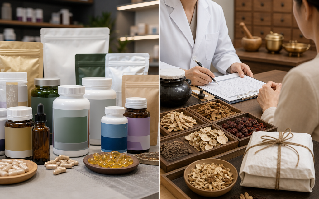 A visual contrast between dietary health supplements and raw Korean medicinal herbs.