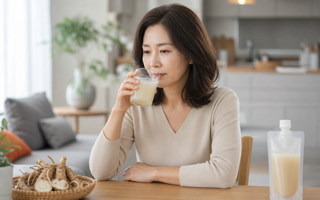 칡즙을 마시고 있는 갱년기 여성