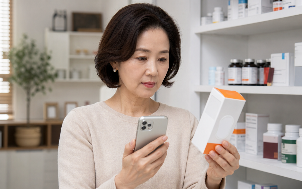 건강 기능 식품을 들고 휴대폰으로 정보를 찾아보고 있는 중년 여성