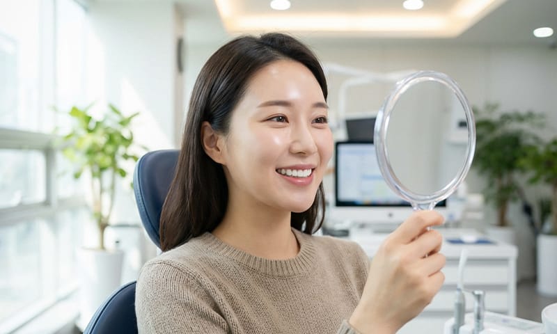 치과에서 라미네이트 시술 직후 거울을 보고 환하게 웃고 있는 여성
