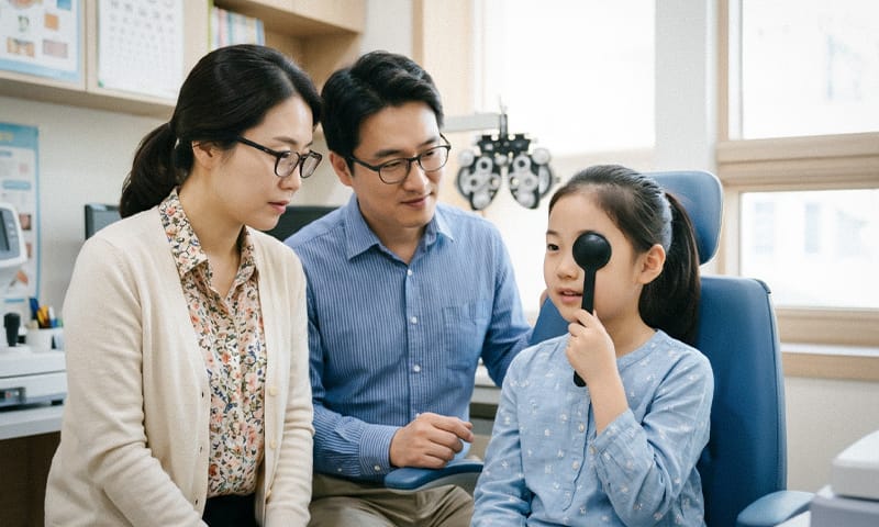 안과에서 시력 검사를 진행하고 있는 아이를 지켜보는 안경을 쓴 부모