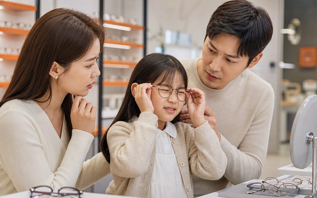 눈을 찡그리고 있는 아이와 함께 안경점에서 안경을 고르고 있는 부모