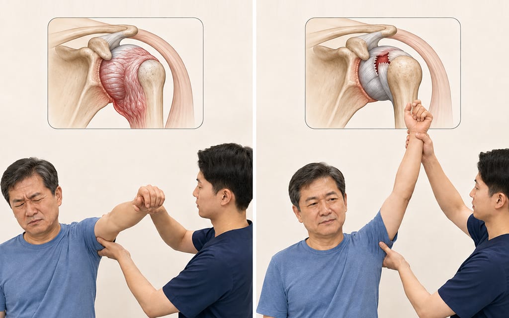 오십견과 회전근개 파열의 차이를 남이 팔을 올려주는 방법으로 비교하여 보여주는 이미지