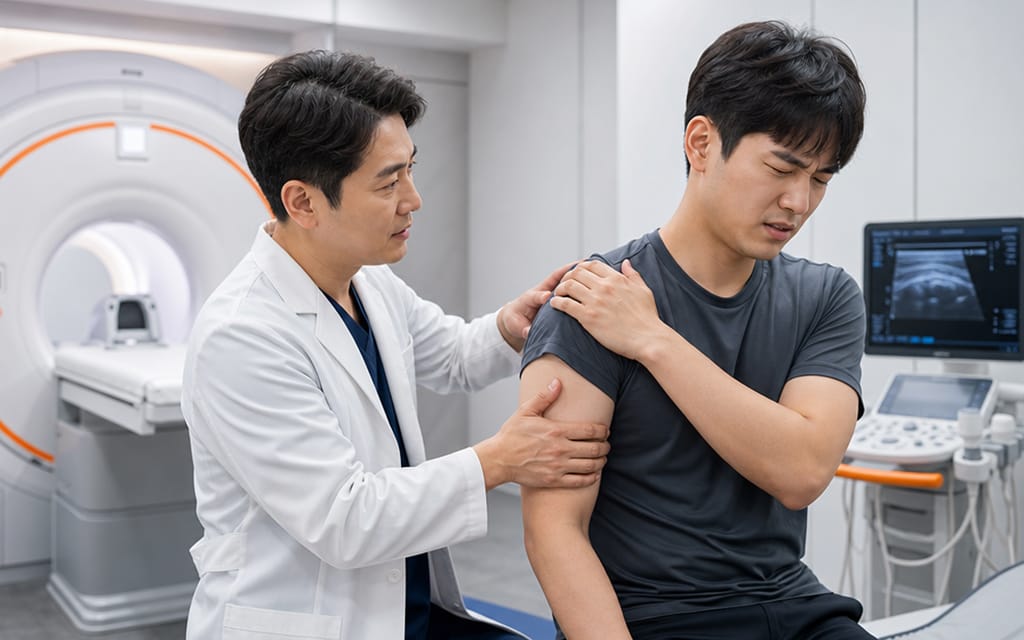 심한 어깨 통증으로 아파하는 사람을 진찰하는 의사
