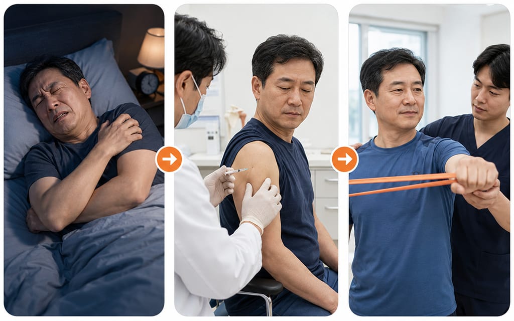 오십견과 회전근개 파열이 동시에 발생한 환자가 치료를 받는 순서를 나타낸 이미지