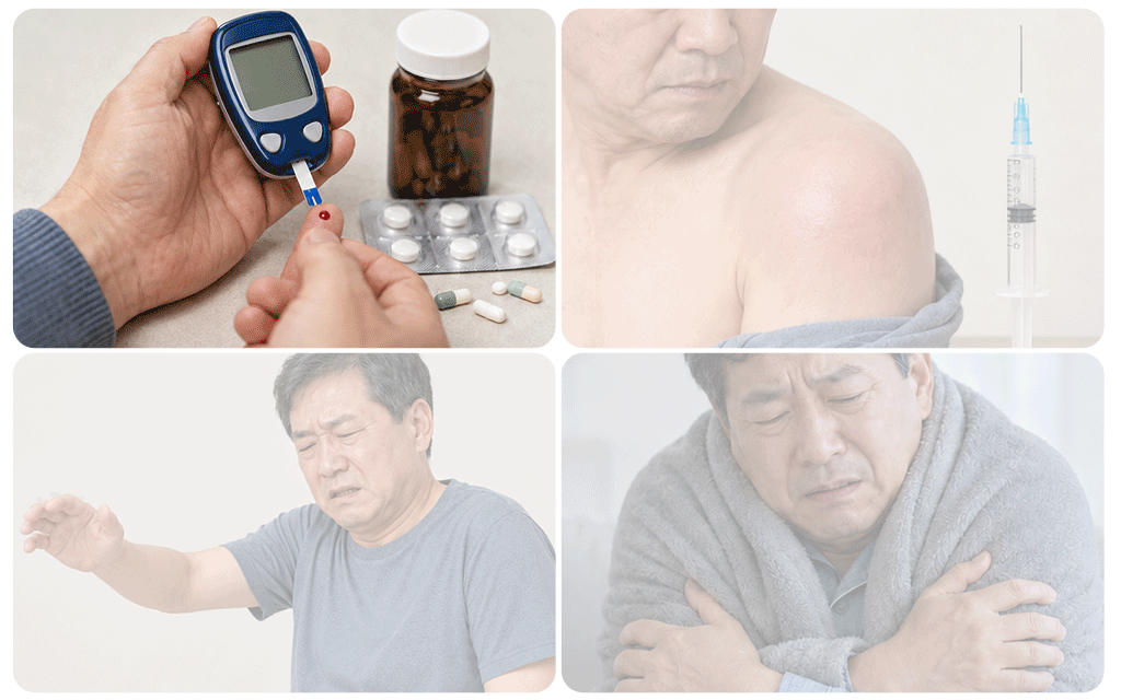 열이 없어도 어깨 감염을 의심해야 하는 체크포인트 4가지를 나타낸 인포그래픽