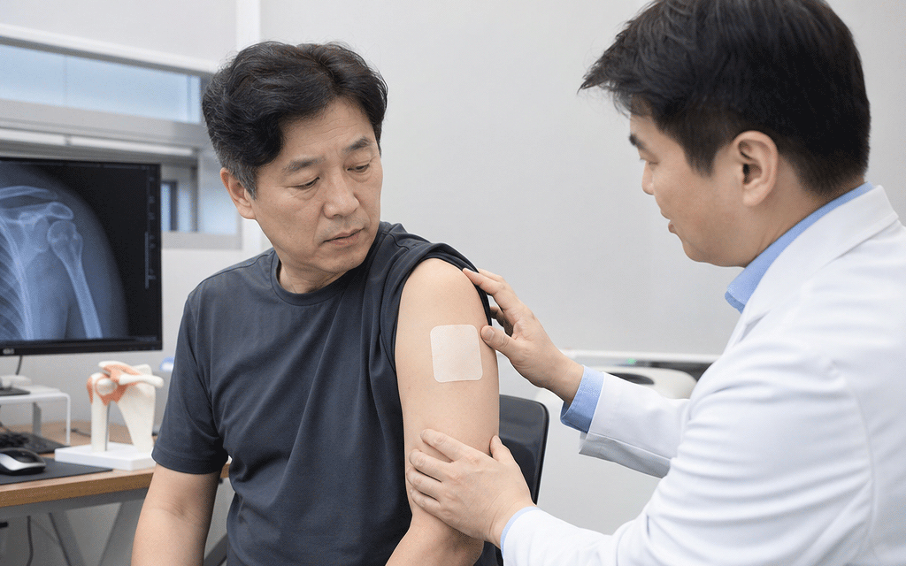 A man in his 50s showing a pain-relief patch on his shoulder to a doctor during an orthopedic consultation