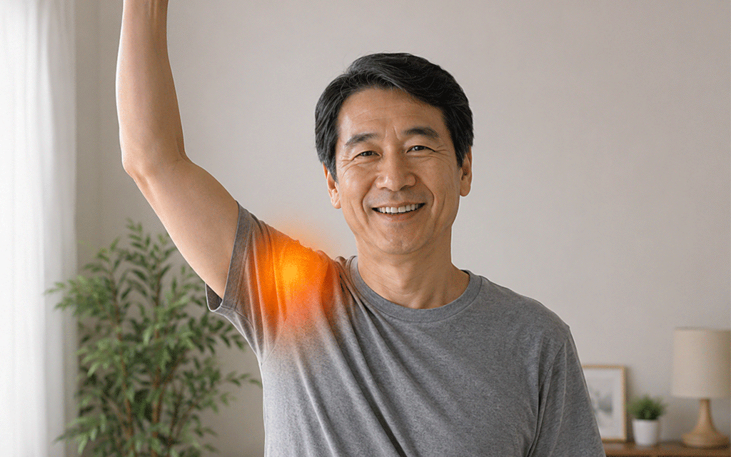 A man in his 50s smiling while raising his arm overhead, illustrating "pseudo-recovery" despite an underlying rotator cuff tear
