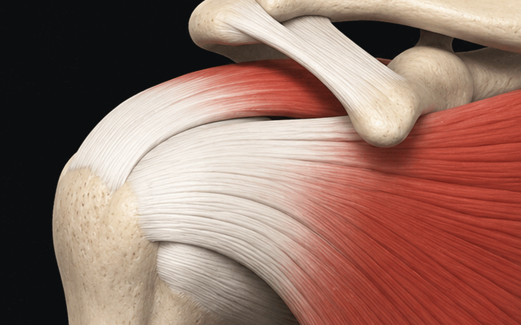 A medical illustration showing progressive structural changes and muscle atrophy caused by an untreated rotator cuff tear