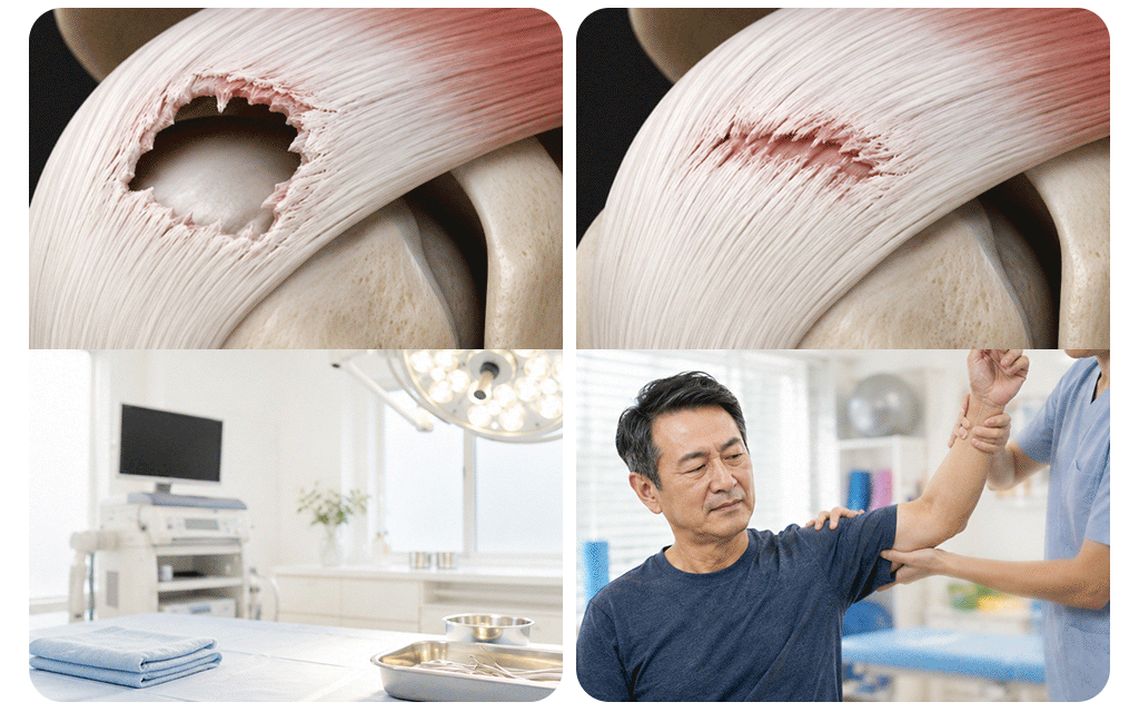 An image comparing recommended treatments for partial-thickness versus full-thickness rotator cuff tears
