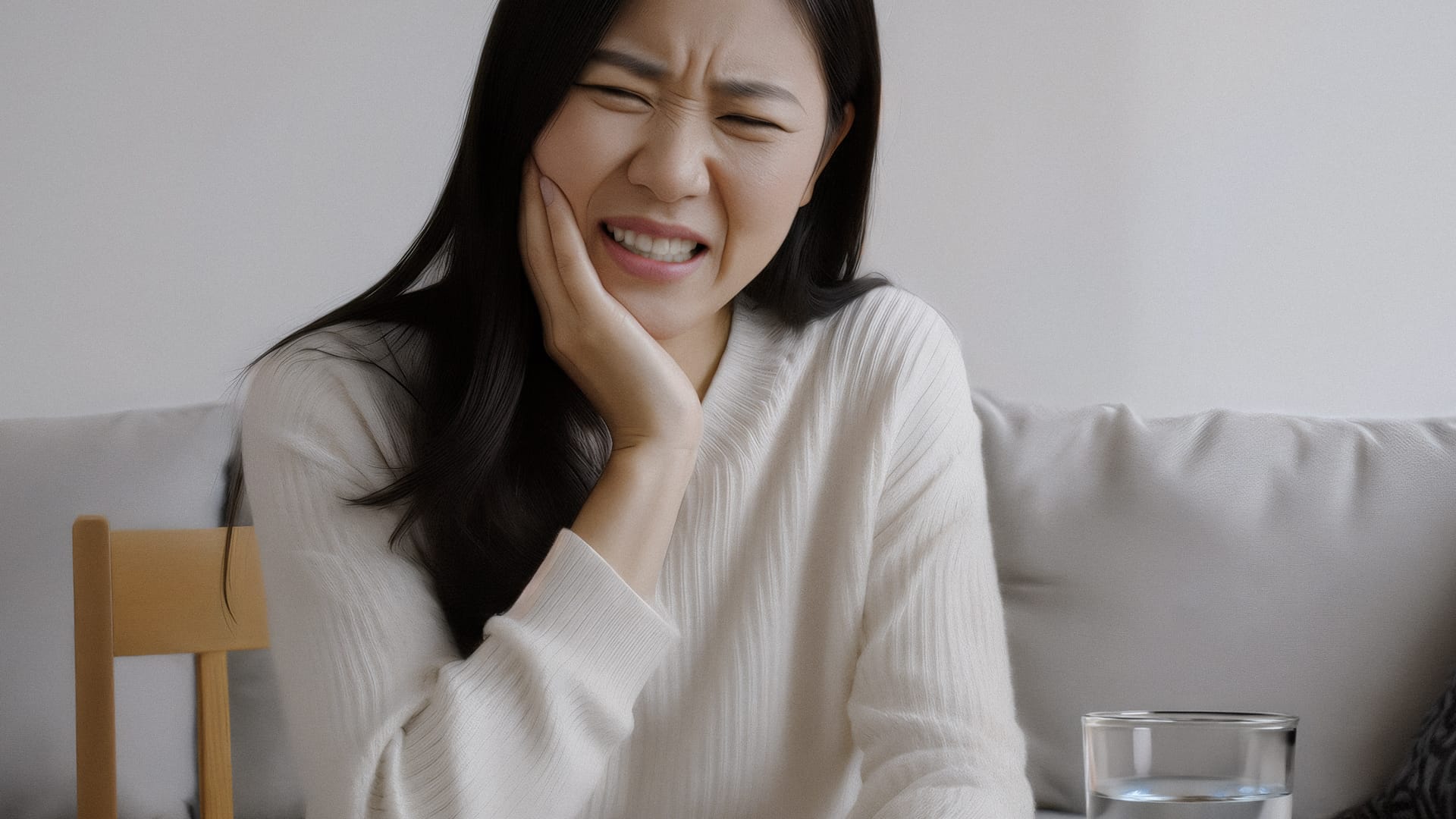 An adult patient in their 30s wincing in pain while chewing due to tooth sensitivity