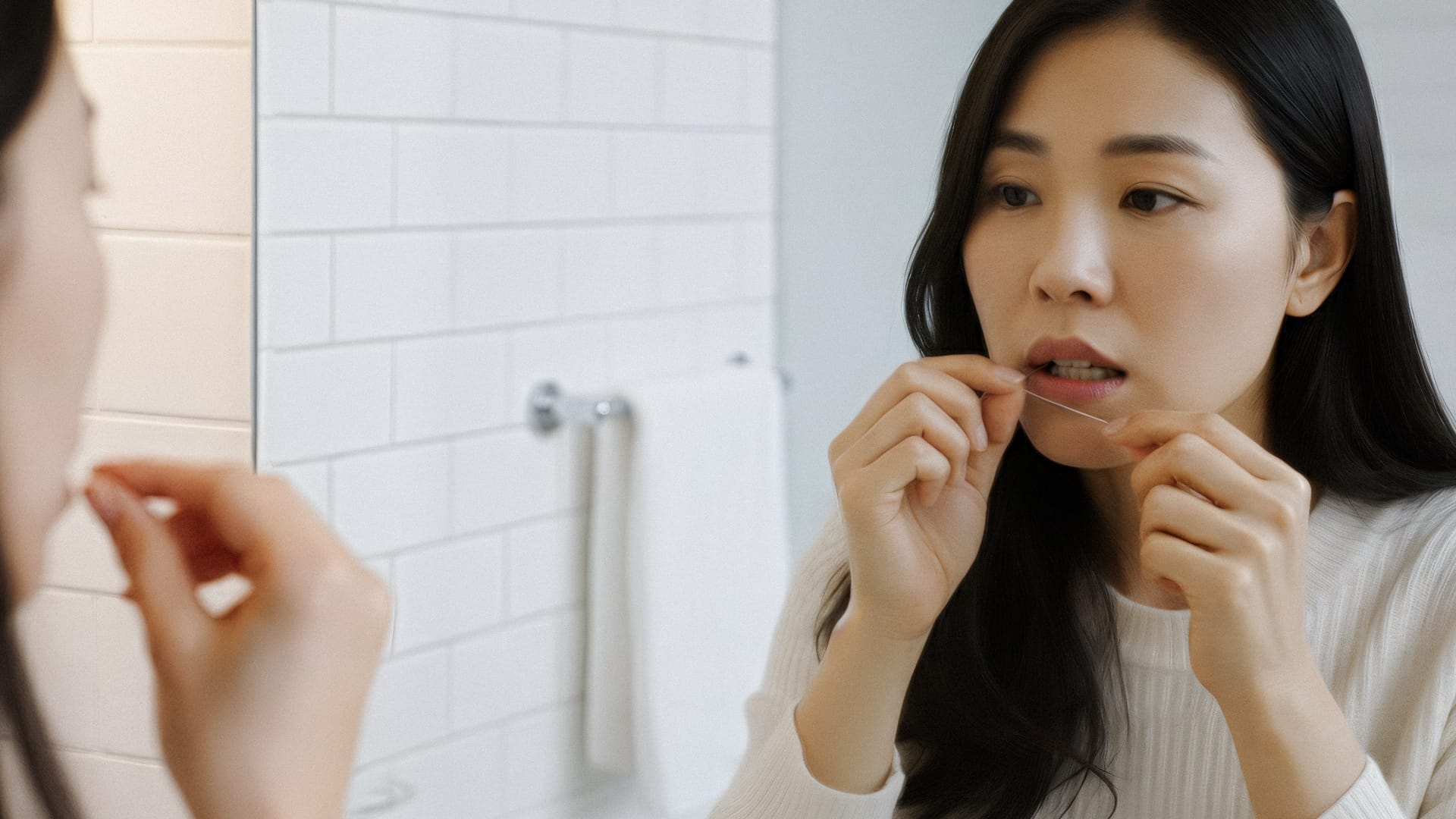 An adult in their 30s–50s using dental floss or an interdental brush in front of a mirror to manage oral health and prevent periodontal disease