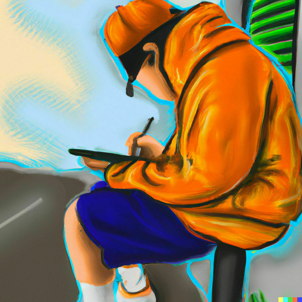 Dall-E digital art of someone writing in the street 