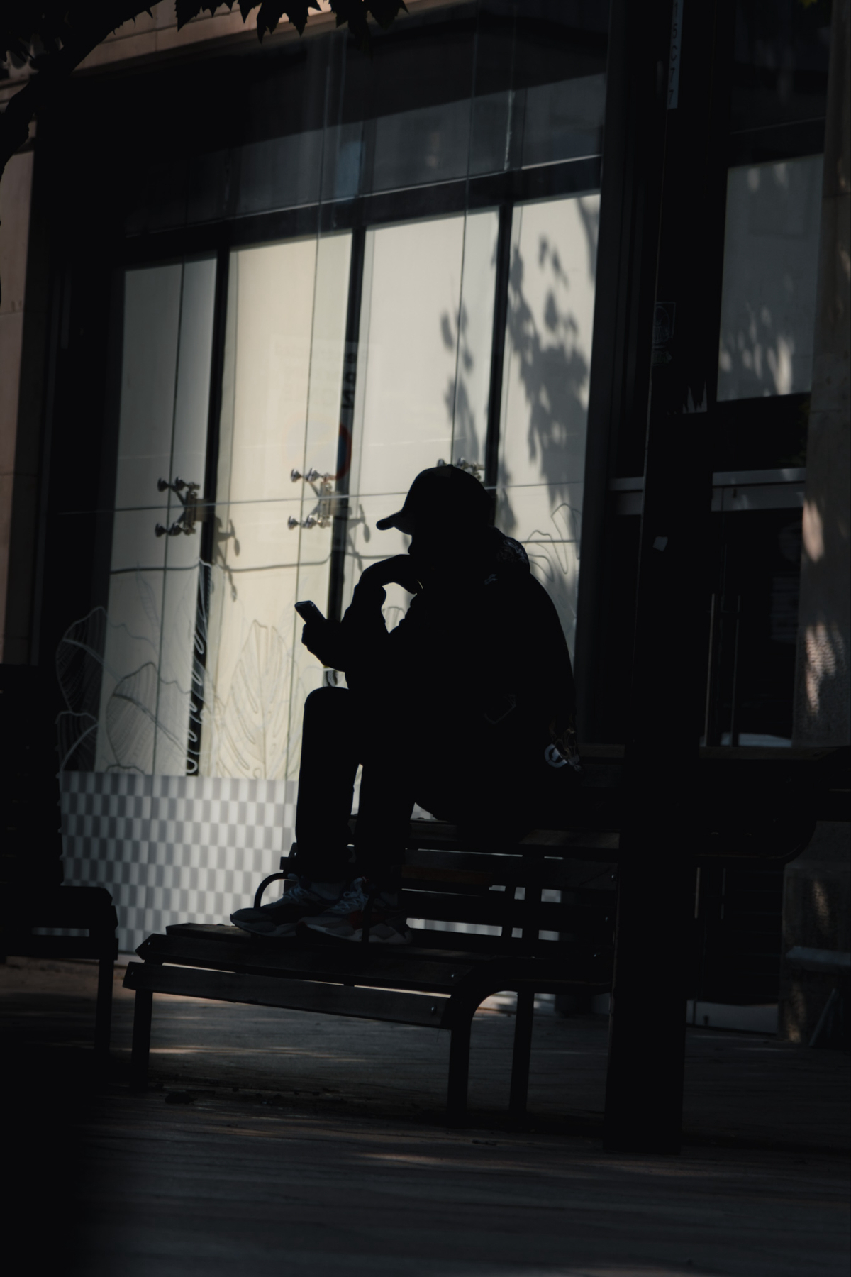 Auto-generated description: A person is seated on a bench in front of a building, silhouetted against a window with shadows from nearby trees.
