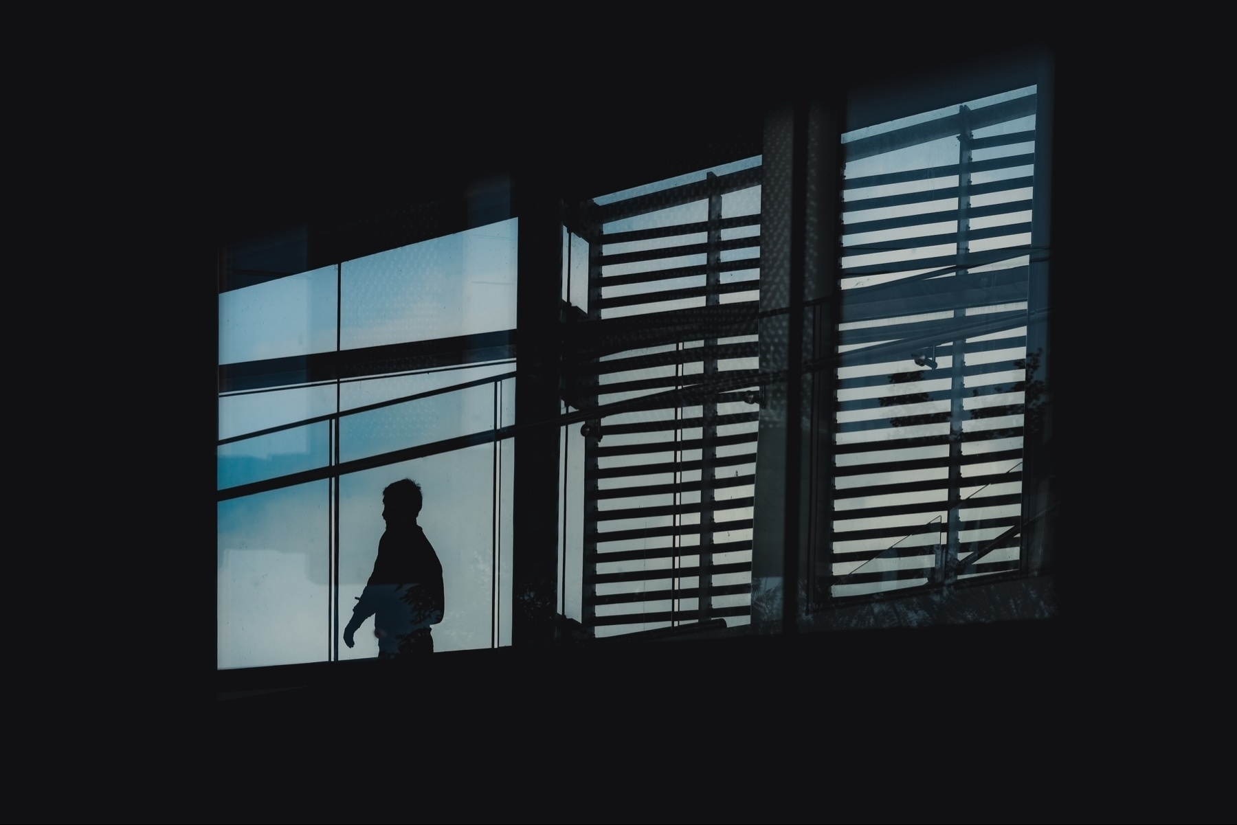 A silhouette of a person walking inside a building is visible against large windows. The windows feature horizontal bars, creating a pattern with natural light streaming in. The scene suggests a modern architectural interior.