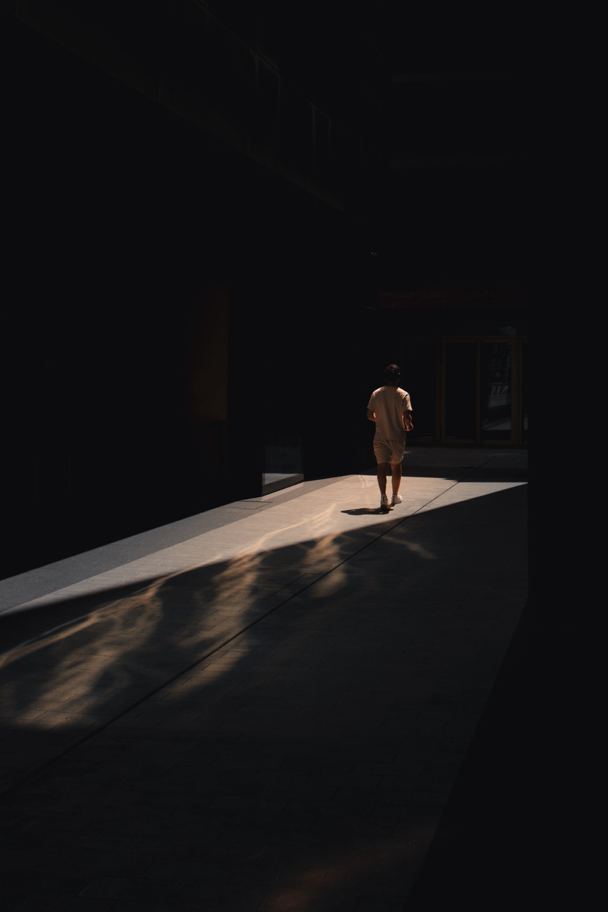 A person walking alone through a dark alleyway, with sunlight creating a path of light on the ground and partially illuminating the individual from behind. The surroundings are mostly in shadows, creating a strong contrast with the lit path.