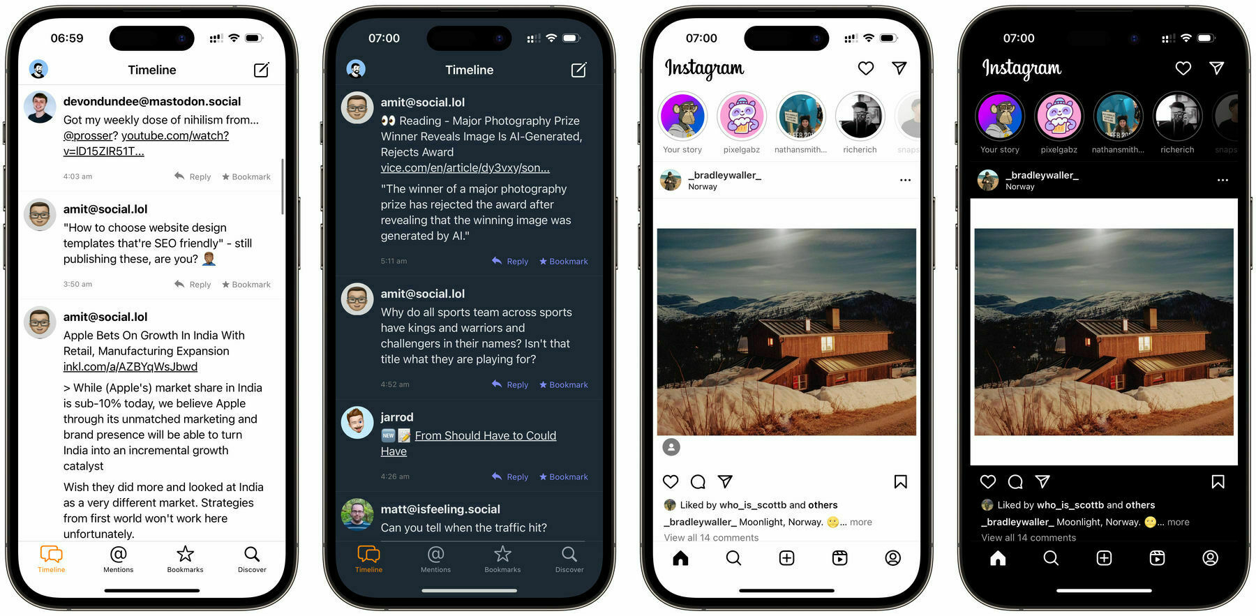 Screenshots of micro.blog and instead in both light and dark mode
