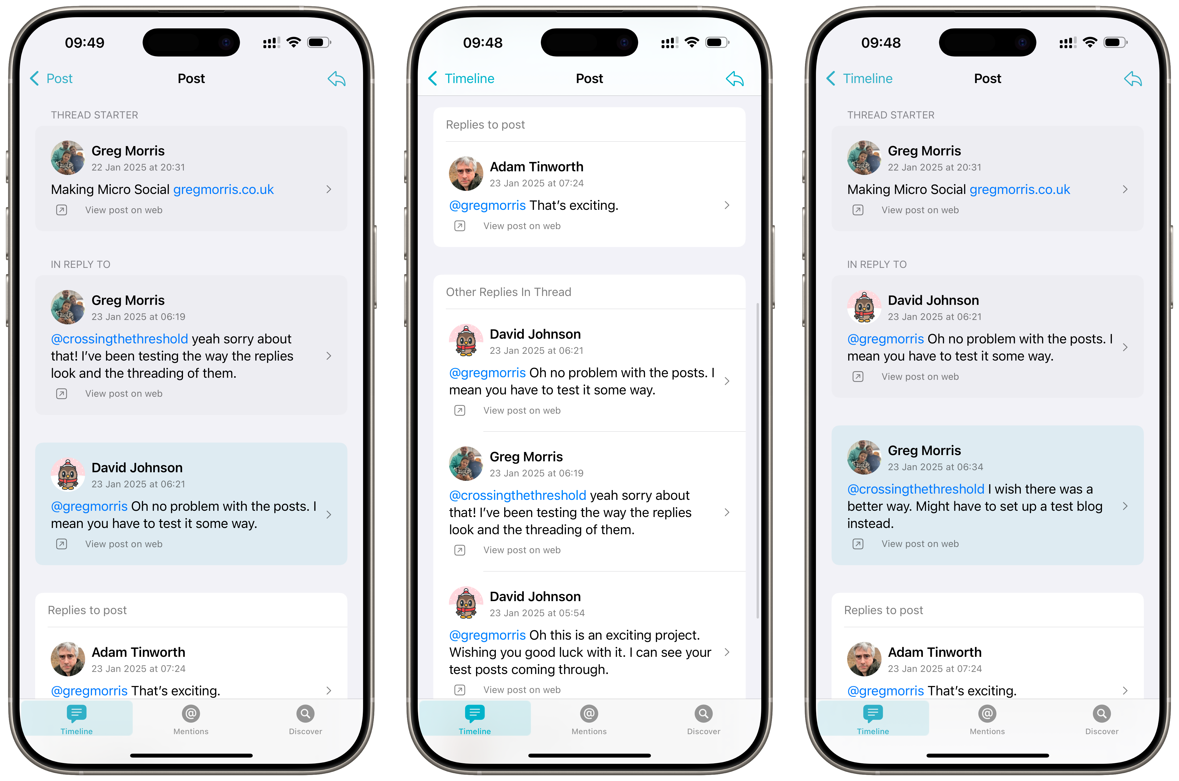 Auto-generated description: Three smartphones display a social media conversation between several users discussing a new blog post and expressing excitement.