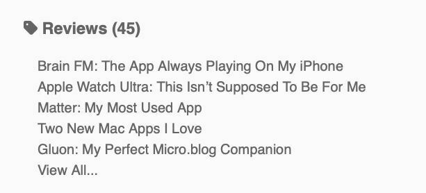 Screenshot of my blog displaying the first 5 posts in my reviews collection